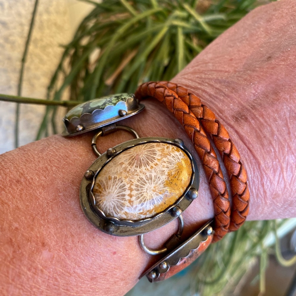 3 Stone 3 Wrap Braided Leather Bracelet - Picture 8 of 10